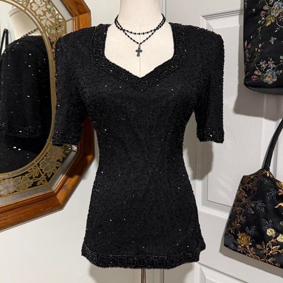 American Vintage Tops - VTG 80s/90s Stenay Black 100% Silk Beaded V Neck Goth Glam Top w Shoulder Pads
